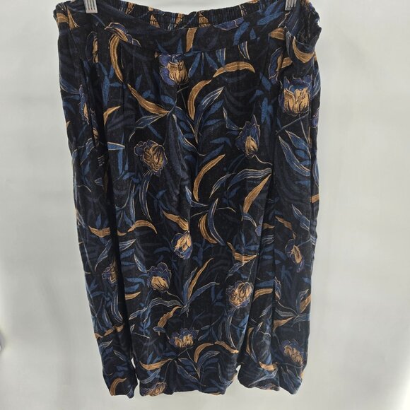 Vintage Sag Harbor Blue Floral Gold Leaf Rayon Midi Skirt 2X - Picture 1 of 12